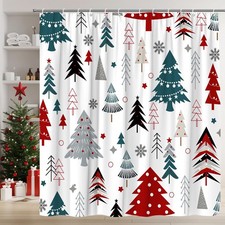 Christmas Tree Shower Curtain Xmas Pine Tree Snowflake Winter Holiday Colorfu...