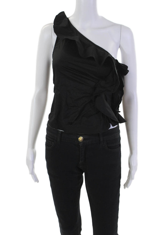 Cynthia Rowley Womens Ruffle Detail One Shoulder Blouse Top Black Size XS