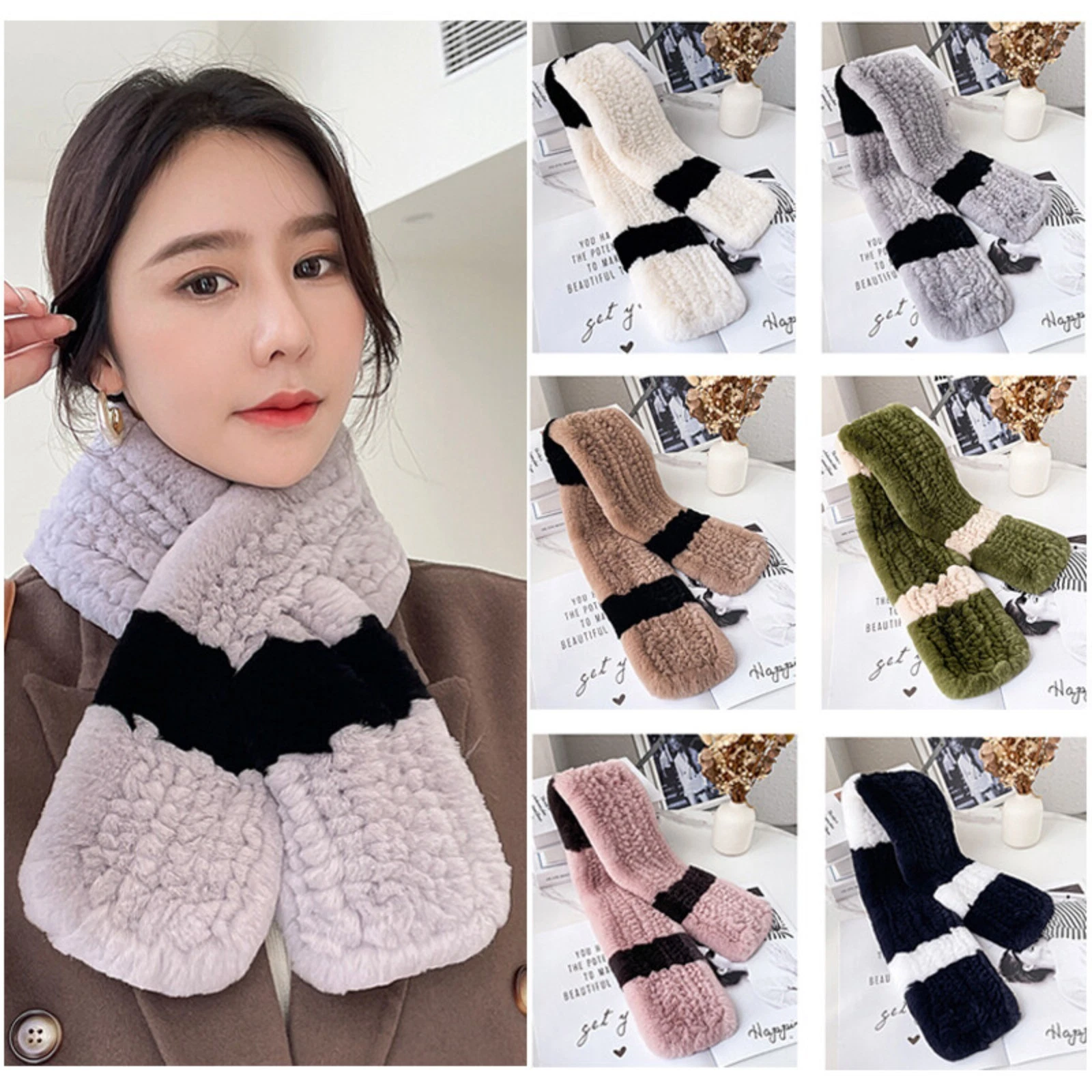 Women's Real Rex Rabbit Fur Knitted Scarves Thick Neck Warmer Scarf Wraps Winter