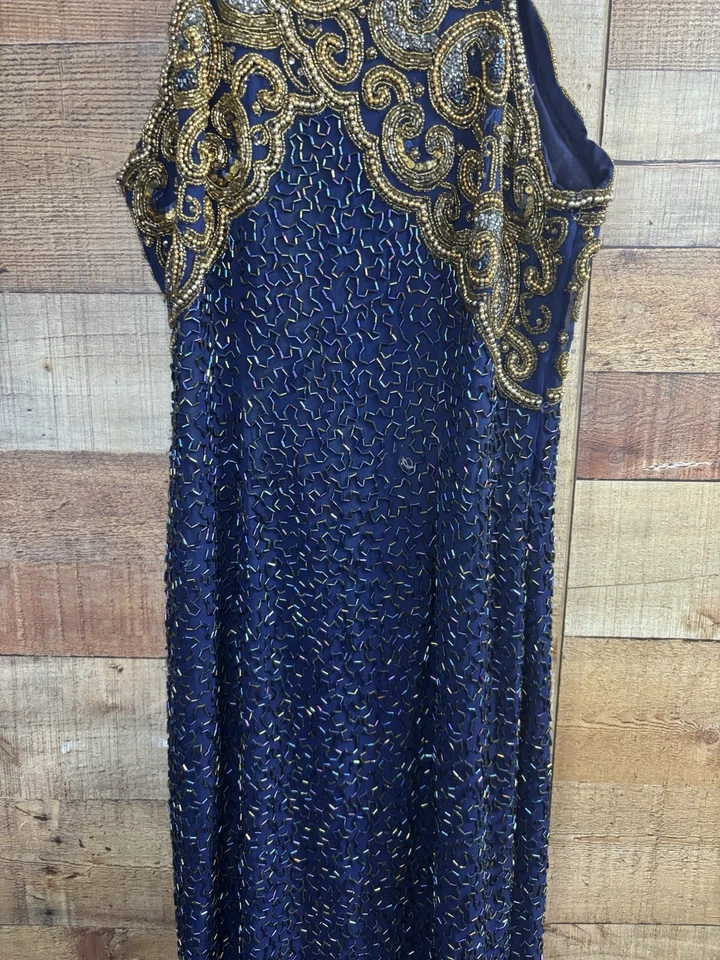 Vintage 80s Beaded Sequin Dress Navy Gold Formal Evening Gown Cocktail Party M - Image 3 of 4