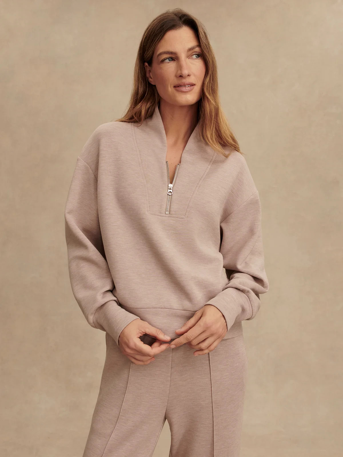 🧡NWT*Varley Davidson Sweat Half Zip Doublesoft Fabric Women's Size S Taupe Marl