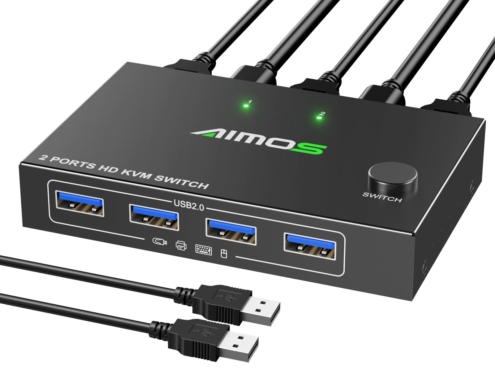 Commutateur KVM HDMI 2 Ports 4K 60Hz noir avec 4 câbles USB pour connecter deux PC