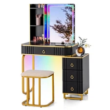 Vanity Table Set with RGB LED Lights Crystal Crush Diamond Mirror Drawers Black