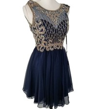 NEW Alyce Paris Blue Beaded Fit  Flare Chiffon Mini Prom Cocktail Dress Size 00
