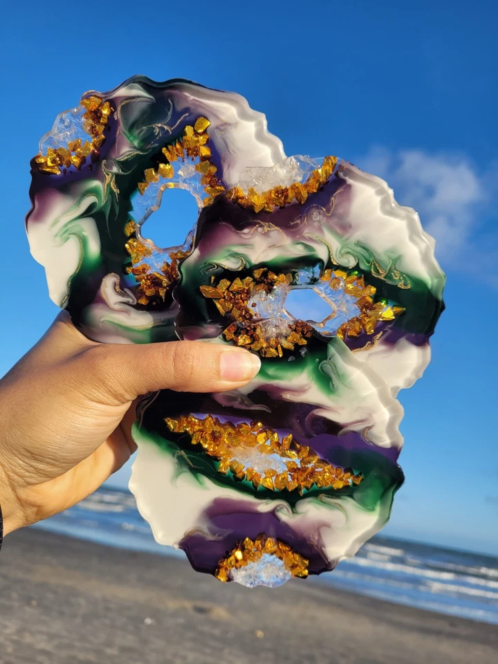 Nuevo Juego de 4 Posavasos Geoda Ágata Púrpura, Verde y Dorado Foto 3 de 4