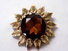 Vintage Emmons Faceted Topaz Rhinestone Antiqued Gold Tone Sunflower Brooch