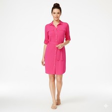 NWT Calvin Klein Hibiscus Pink Roll Sleeve Button Down Jersey Shirt Dress 6