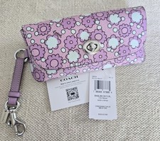 COACH Sunglass Case Floral Print Silver Lily Multi Purple Leather with Clip NWT