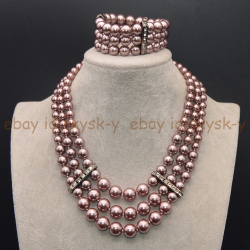 3 Rows Multicolor Shell Pearl Round Beads Layered Necklace Bracelet Jewelry Set - Picture 17 of 120