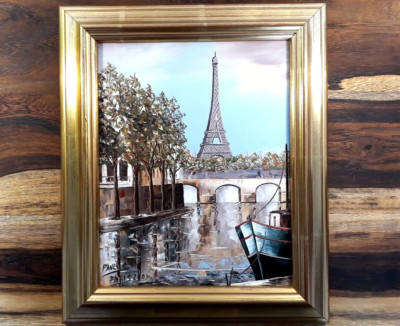 Ölgemälde auf Leinwand ''PARIS'', gerahmt, Pavlos, 2003, Eiffelturm, Seine