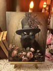 Black Cat, Top Hat, Pink Roses Bouquet, Halloween Handcrafted Plaque / Sign