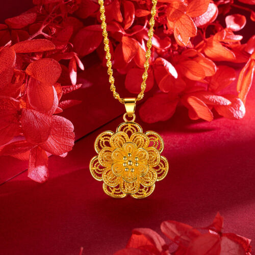 24K Yellow Gold Plated Fashion Jewelry Large Flower Wave Chain Womens Necklace - Picture 1 of 8