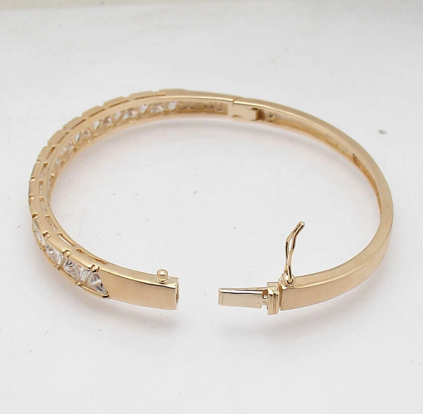 Trillion Cut CZ Stones Hinged Bangle Bracelet 14K Yellow Gold Plated 925 Silver  - Image 4 of 4