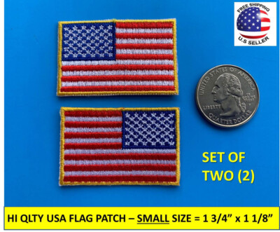 SMALL FORWARD REVERSE USA AMERICAN FLAG PATCHES IRON-ON SEW-ON GOLD BORDER   2''