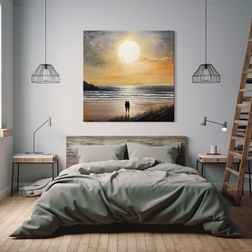 Couple In Love Walking On The Beach At Sunset Painting Style Canvas Print - Picture 6 of 9