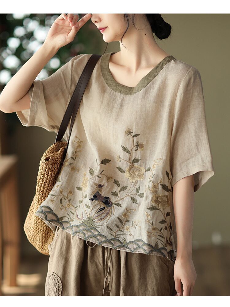 2025    23/2 Xiaonuan, spring literary and retro washed old linen v-neck pullover shoulder shirt