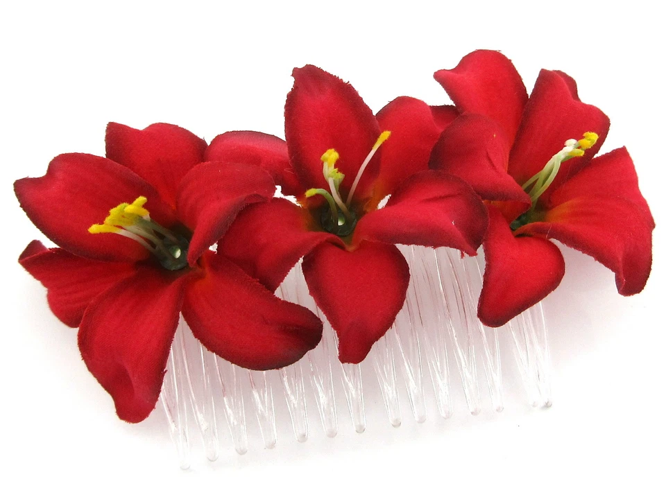 Triple 2" Red Lily Silk Flower Hair Comb,Wedding,Prom,Dance - Image 2 of 3