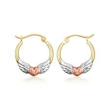 14K Tri Color Gold Winged Heart Hoop Earrings