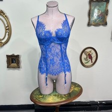 Vintage Frederick's of Hollywood Blue Lace Bustier Teddy Garters Lingeriecore