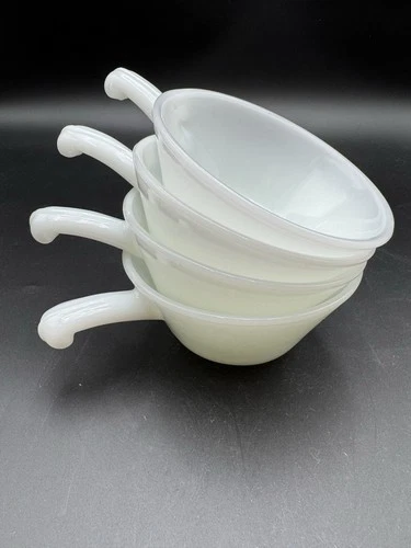 Vintage Anchor Hocking Fire King White Milk Glass Soup Bowls w/handles USA