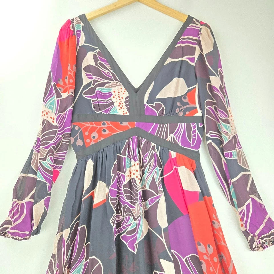 Vestido Anthropologie Let Me Be Negro Floral Boho Cuello en V Manga Larga Transparente Talla S Foto 2 de 4