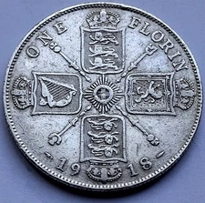 1918 King George V Florin 2/- Shillings Very Fine 9.25 Sterling Silver Coin