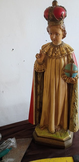 Aged Christianity Crowned Child Religious Statue Figure Holding Orb with Cross