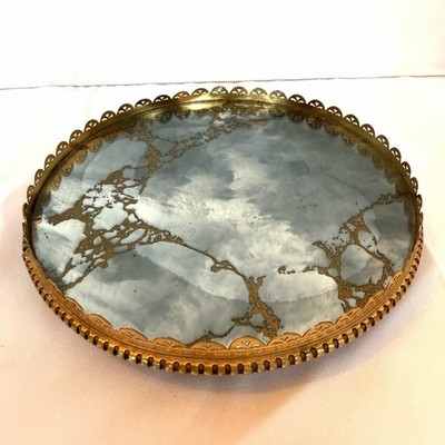 Antique Style Smoky Glass Mirror Turntable Tray Dresser Vanity Round Tabletop