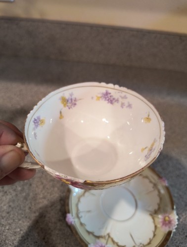 Porzellan Teetasse und Untertasse, Bone China, floral, markenlos, gewellte Kanten - Bild 5 von 14
