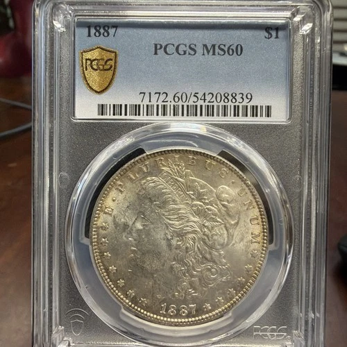 1887 P U.S. Morgan Silver Dollar PCGS MS60 Mint State Gold Shield True View Tone