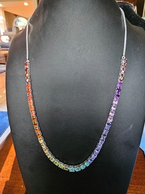 Regenbogen Multi Natur Edelstein Tennis Halskette 18 in Sterlingsilber verstellbar
