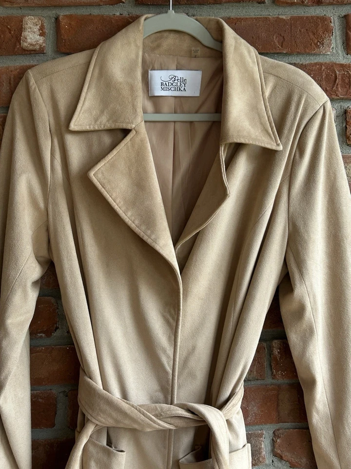 Abrigo de mujer Belle Badgley Mischka beige tostado imitación gamuza gabardina chaqueta L Foto 4 de 4