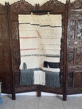 Woven Boho Natural Wool Wall Hanging Decor Tapestry Pink Gray Black Fringe 29x52