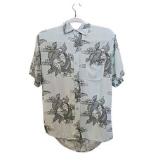 VTG Super Cool Brand Koi Fish All Over Print Hawaiian blue Shirt Men's SZ S 105