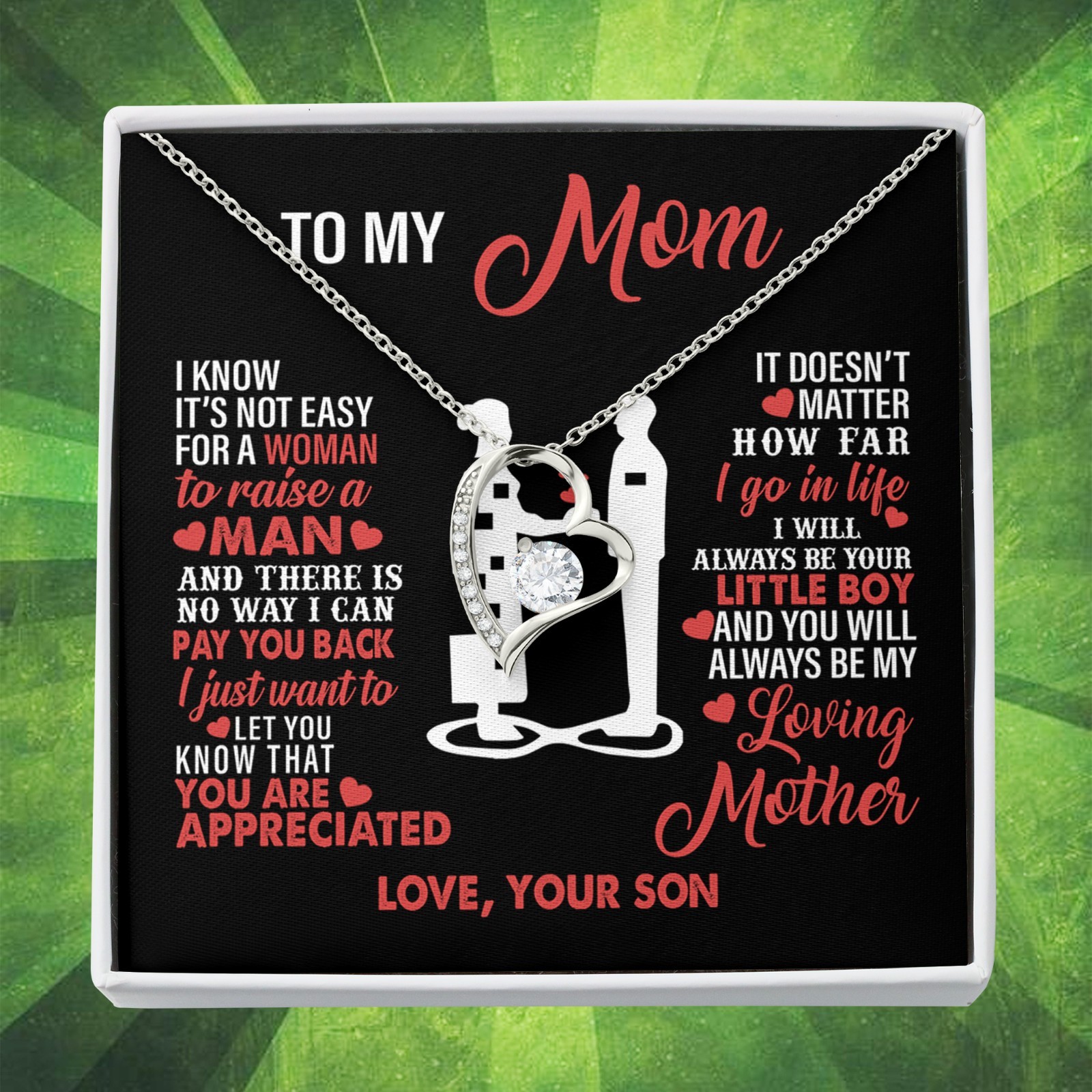 Heart Necklace Gift for Mom from Son with Message Card