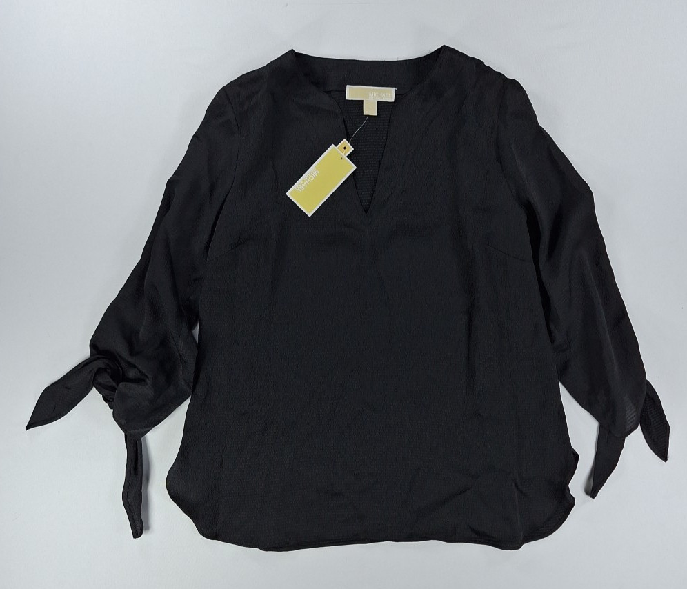Michael Kors Women's Blouse Small Black V-neck Top With Tags 3/4 Sleeve W/ Tie 