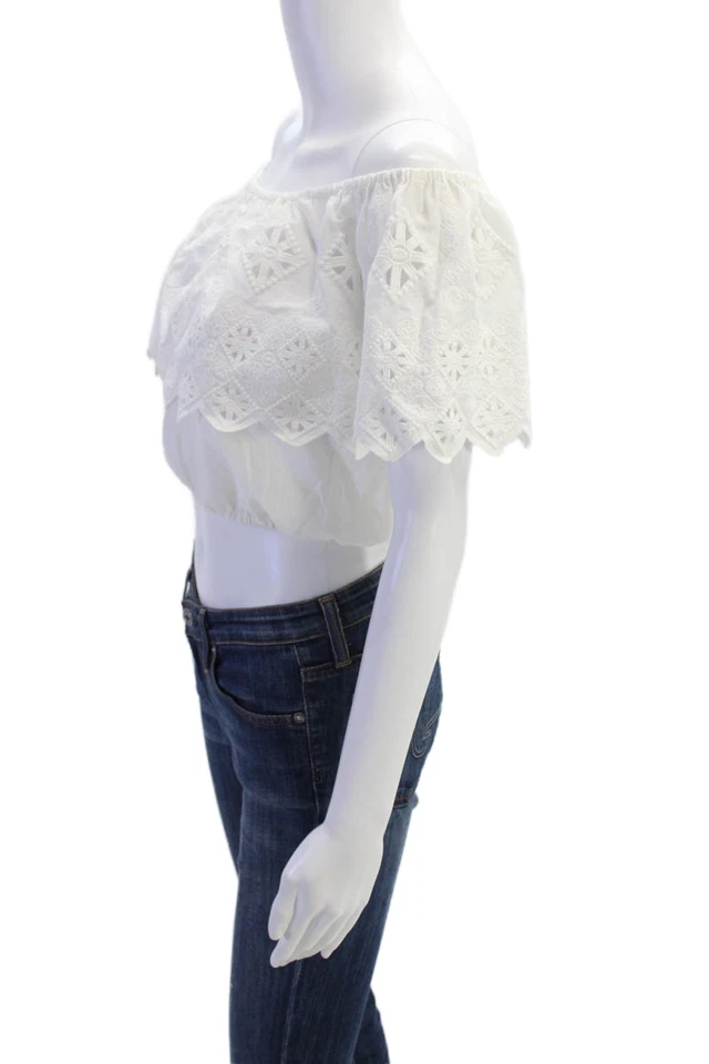 Miguelina Womens Cotton Off The Shoulder Geometric Eyelet Crop Top White Size S - Image 2 of 4