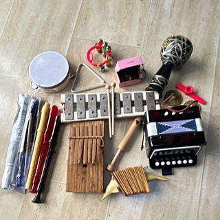 Mixed Musical Instrument Lot: Kalimba Glockenspiel Accordion Drum recorders