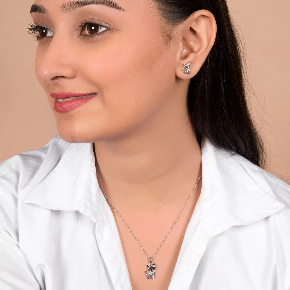 Joyería Geométrica Origami Animales Gatito Gato Colgante Collar Plata de Ley Foto 3 de 4