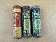 3 Antique Bouillon Cubes Tins Tubes 2x Blue Ribbon 1x Herb-Ox
