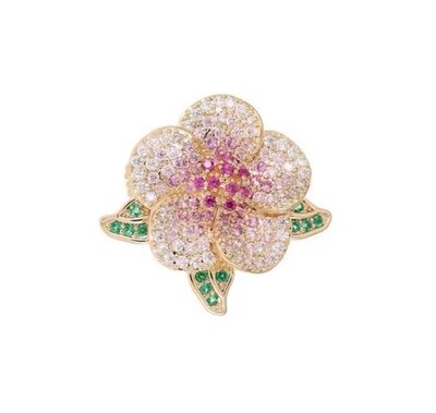 Camellia Small Brooch Pin Rhinestone Gold Flowers Fashion Statement NEW