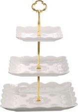3 Tier Porcelain Cupcake Stand, Tiered Serving Cake Stand, Square White Gold Emb
