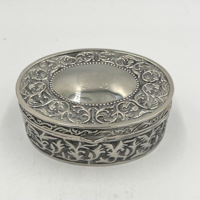 Vintage Oval Silver Plated Jewelry Trinket Box Monogrammed Velvet Lined Keepsake