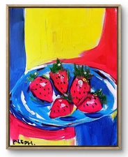 Original Art Strawberrie Blues 14x11 Contemporary Expressionist Kitchen Painting