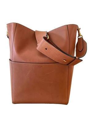 Authentic CELINE Sangle Seau Bucket Bag - Tan Calfskin Leather
