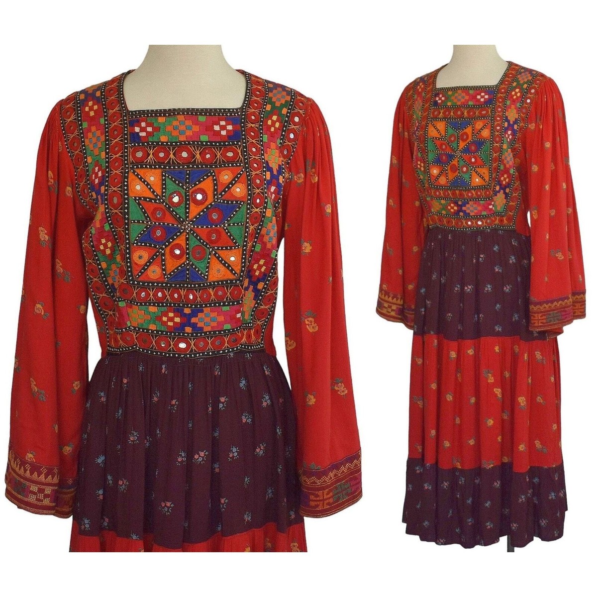 Vintage 70s Afghan Dress, Embroidered Bodice Mirrors Mixed Print 
