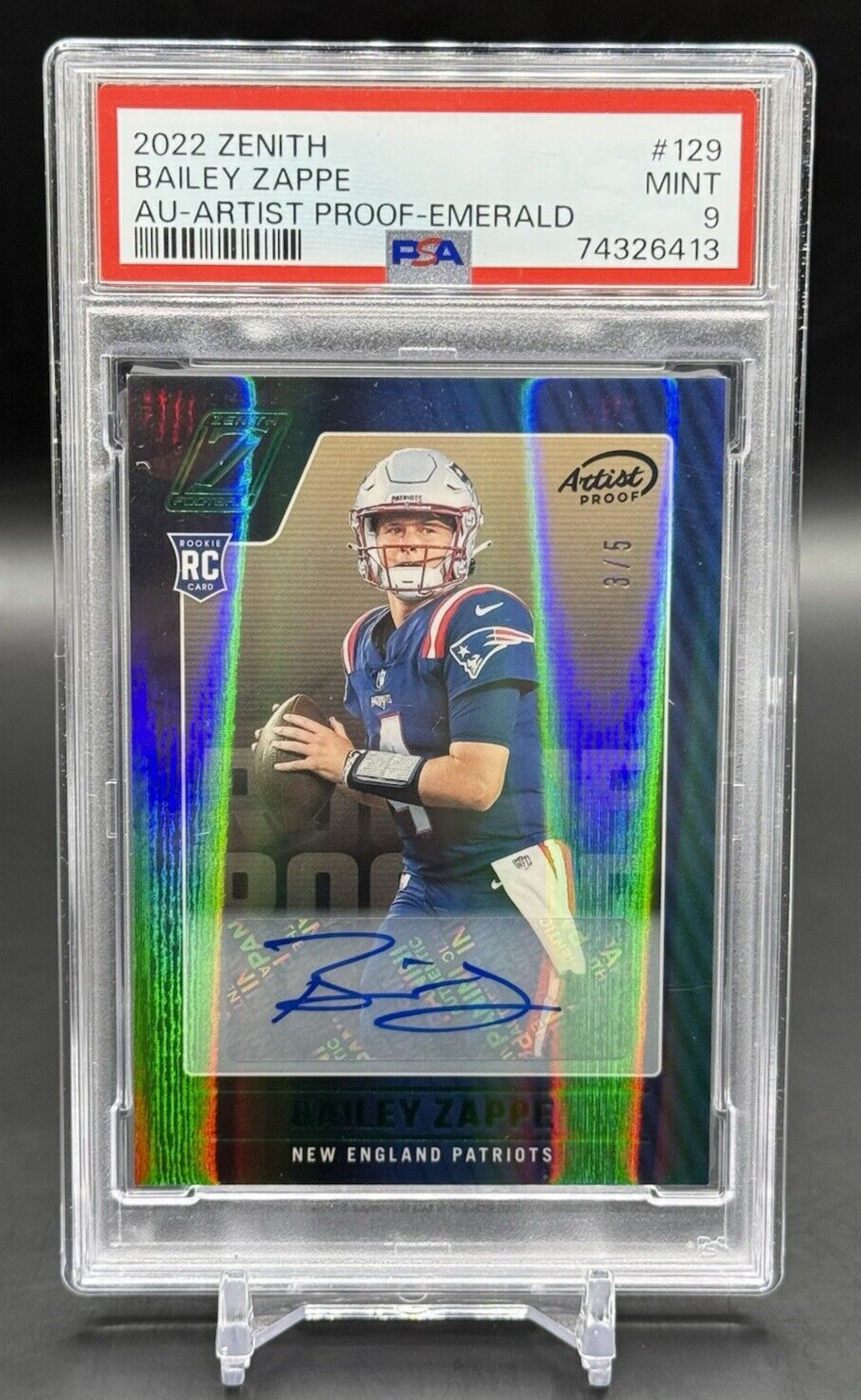 2022 Panini Zenith Bailey Zappe /5 RC Auto Emerald Artist Proof PSA 9 Rookie 129
