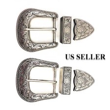Silver Western Floral Engraved Cowboy Belt Buckle Three Piece Set Unisex 1-1/2"
