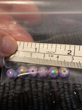 6 Glass Graffiti Beads 7mm Purple W/ Metallic Blue, Gold Splatter