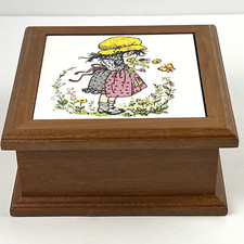 Vintage Holly Hobbie Wooden Jewelry Trinket Box Tile Top Walnut Wood Taiwan